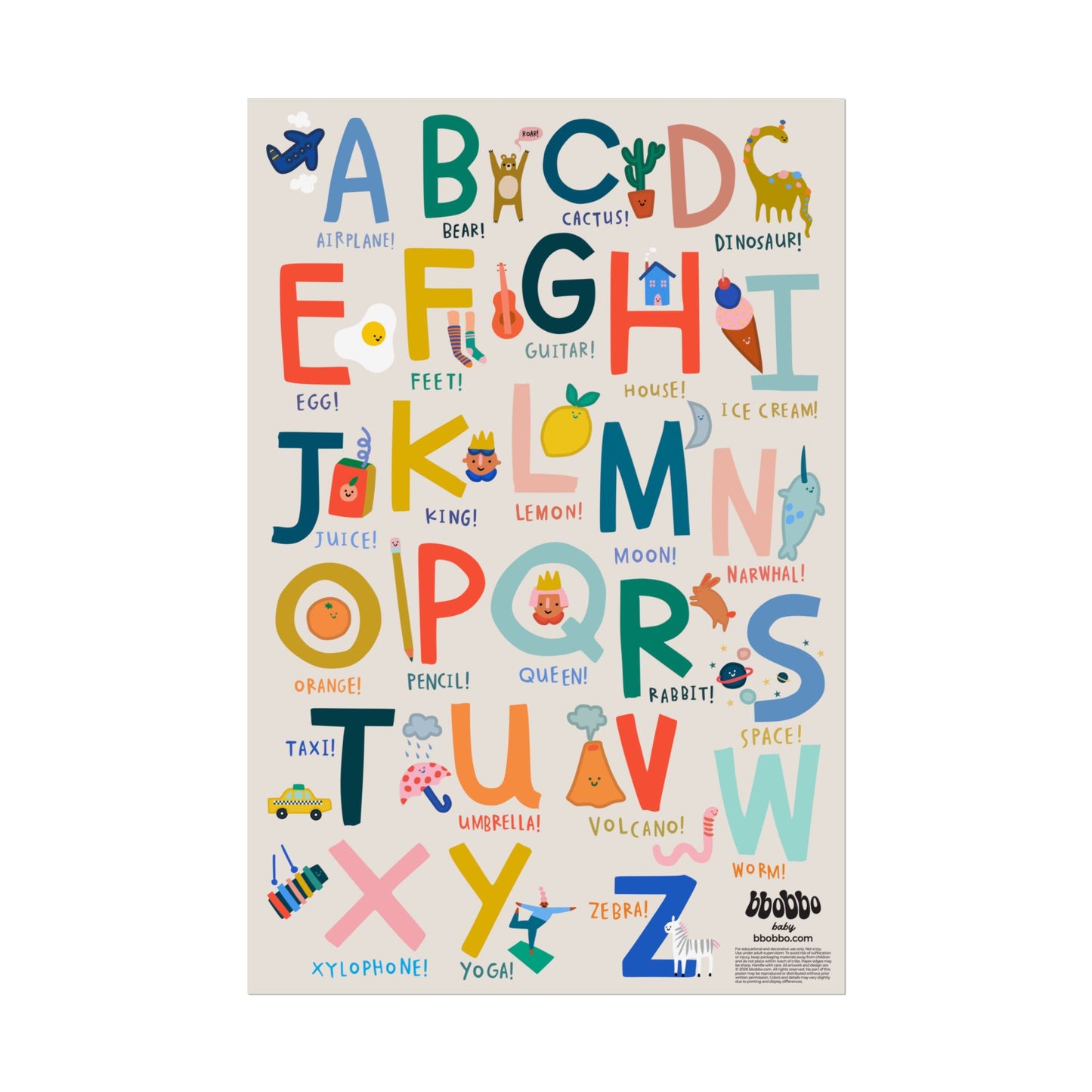Playful Beginnings: Hand-Illustrated ABC Alphabet Poster for Nursery & Playroom