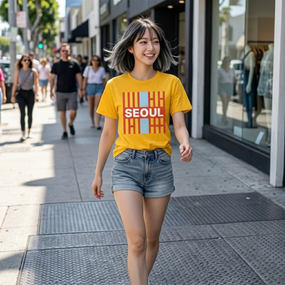 Taegeukgi Grid SEOUL Graphic Tee Unisex Geometric Streetwear T-Shirt Orange
